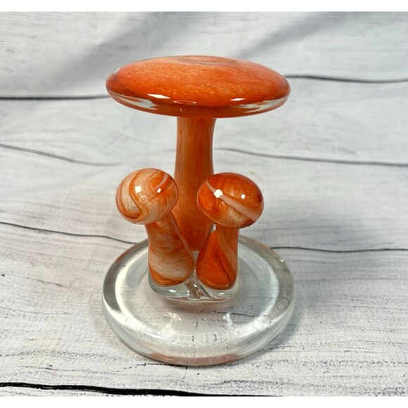 Handblown Art Glass Orange Mushroom Cluster 5" Paperweight Figurine Collectible - Picture 1 of 4